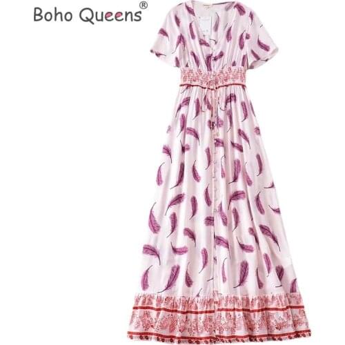 Feather print tassel Maxi dress women single breasted rayon Bohemian dresses Ladies V neck Summer Boho pleated vestidos