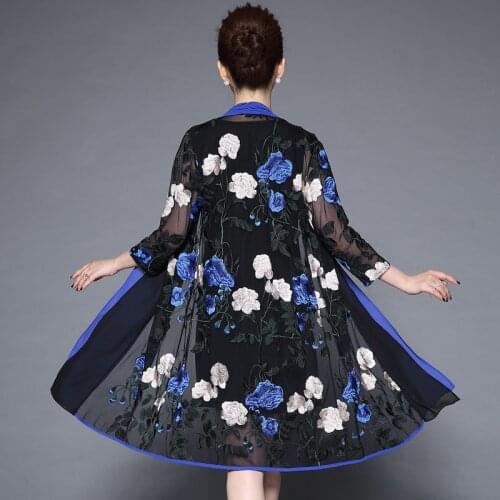 Spring Summer Middle Aged Women Elegant Floral Embroidery Dress robe femme Plus Size Two Pieces O-Neck Party Dresses Vestidos