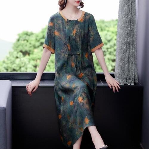 2021 Summer Green Mulberry Silk Vintage Midi Dress Women Casual Elegant Print 4XL Plus Size Satin Dress Bodycon Party Vestidos
