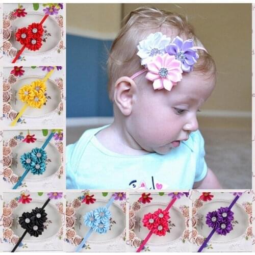 10PCS/LOT Satin ribbon flower headbands Multilayers Ribbon Flower With Pearl Elastic band For Girls hair accessories H51