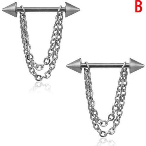 2Pcs/Set Pierced Nipple Breast Rings Nail Barbell Stainless Steel Chain Pendant Body Piercings Jewelry