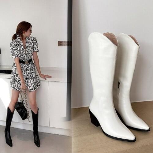 2021 Women Pointed Toe Autumn Winter Knee High Boots PU Leather Zipper Long Boots Square Heel Fashion Short Boots Big Size 33-43