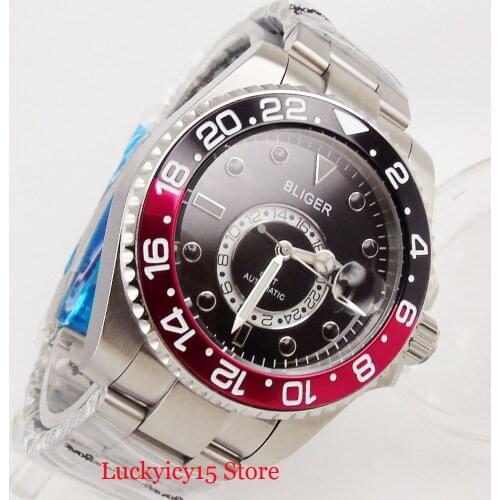 BLIGER Men Watch Self Winding Movement 43mm Silver Color Case GMT Function Sapphire Glass Stainless Steel Bracelet
