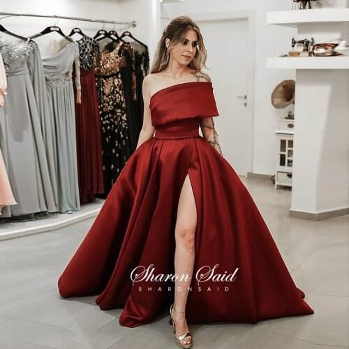 Burgundy One Shoulder Dubai Evening Dress Long Sleeve Arabic Women Wedding Engagement Party Gowns Beaded Side Slit Prom Dresses
