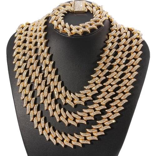 Hip hop Cuban Chain Bracelet Necklace Set Fashion Gold Silver Color Bling Crystal Cool Choker Necklaces Jewlery Accessories Gift