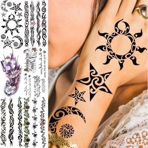 Indian Tribal Sun Star Moon Temporary Tattoos For Women Girls Realistic Flower Totem Vine Fake Tattoo Sticker Unique Hand Tatoos