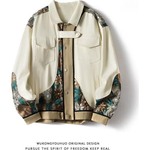 LUCLESAM Men Patchwork Embroidered Print Jacket Coat Mens Ethnic Style Lapel Coat chaquetas hombre abrigo para hombre