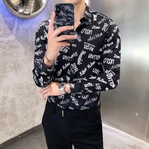 Fashion Letters Print Men Shirt Long Sleeve Casual Slim Fit Business Dress Shirts High Quality Streetwear Social Blouse Camisa