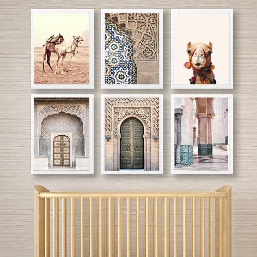 Islamic Art Wall Poster For Living Room Decor Alpaca Animal Desert Moroccan Architecture Door Canvas Print Poster Home Decor