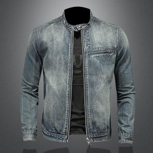 2021 Spring and Autumn New High Quality Mens Solid Color Stand-up Collar Zipper Slim Retro Long Sleeves Jeans Jacket