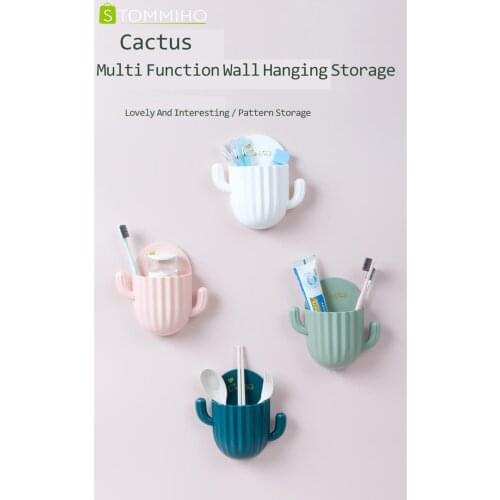 STOMMIHO Storage Rack Holder Wall-mounted Toothbrush Storage Self-adhesive Cactus Shape Soap Holder Multi-function Toilet Tools