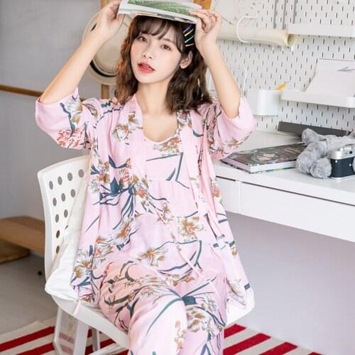 Fdfklak New 3 Pieces Soft Spring Summer Women Pajamas Sets Floral Printed Sleepwear Trousers Female Leisure Nightwear Suit