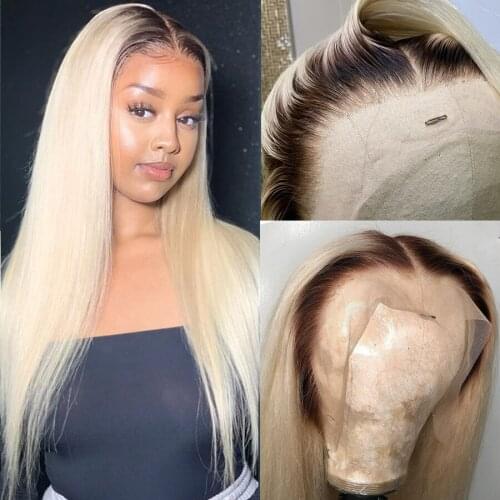 Ombre Blonde Human Hair Wigs 1B/613 Lace Front Wig Straight Ombre Human Hair With Black Roots150% Brazilian Remy Ombre Hair Wig
