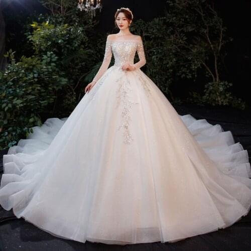 Glitter Beading Long Sleeves Boat Neck Luxury New Wedding Dresses Puffy Skirt Royal Train Bridal Bride Ball Gown Plus Sizes 2021