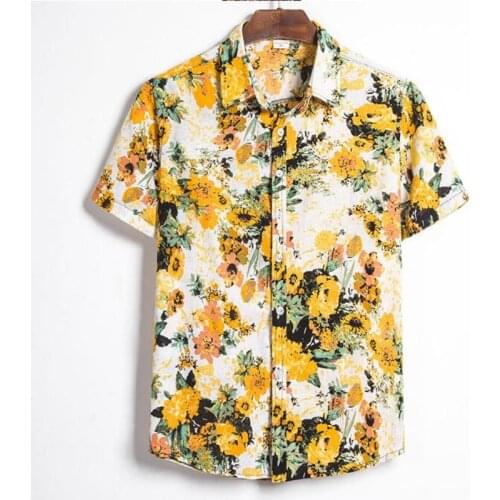 Summer Man Shirt Mens Ethnic Printed Stand Collar Cotton Linen Stripe Short Sleeve Loose Hawaiian Henley Shirt hawaiian shirt