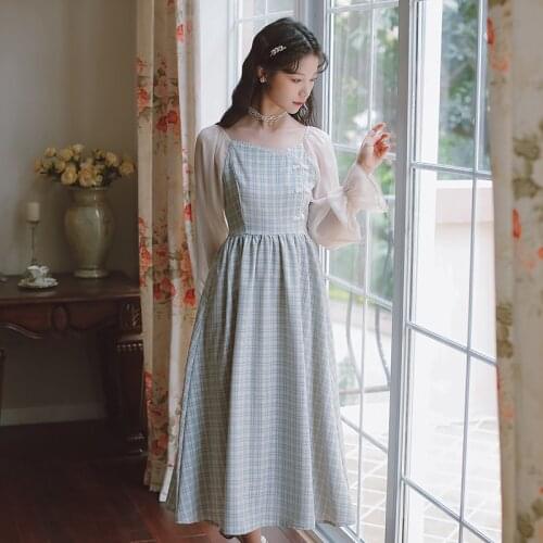 Plaid French Sweet Retro Dress Ruffled Square Collar Beaded Disc Button Chiffon Stitching Bell Sleeve Dress Blue/Green Vestidos