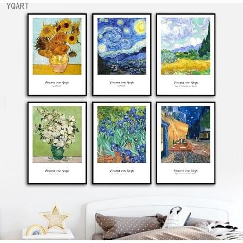 Nordic Minimalist of Van Gogh Sunflower Starry Sky Oil Painting on Canvas Art Poster and Print for Modern Home Living Room Decor