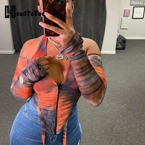 Cold Shoulder Sheer Mesh Zipper Design Backless Top Sexy Long Sleeve Women Tops and Blouses
