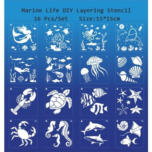 16P Marine Life DIY Layering Stencil for Wall Painting Scrapbooking Coloring Embossing Album Journal Decorative Card Template