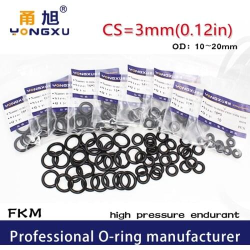 10PCS/lot Black FKM Rubber fluororubber O-rings Seals CS3mm OD10/11/12/13/14/15/16/17/18/19/20mm Seal Gasket Seal Rings Washer