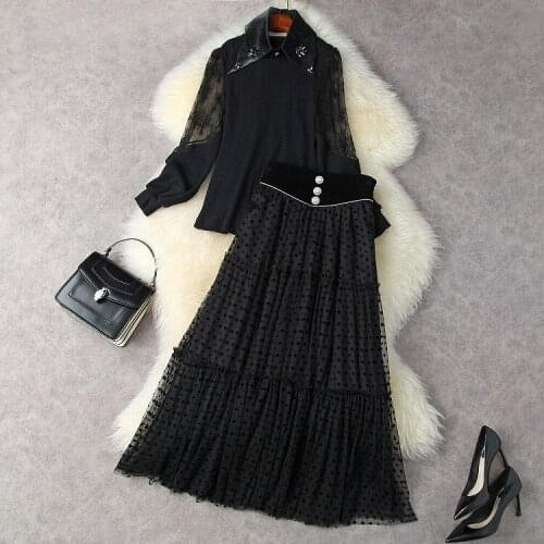 European and American womens wear new autumn 2022 Long-sleeved, beaded lapel lace shirt Flock mesh skirt Fashion suits