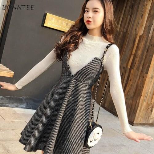 Women Sets Solid Half Turtleneck Slim Elastic Tops Striped High Waist Mini Dress Vintage Retro Fashion Chic Korean Style Lady