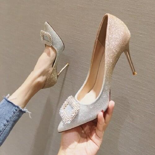 Fall 2020 new gradient color rhinestone high heels pointed toe stiletto shallow mouth womens single shoes banquet wedding shoes