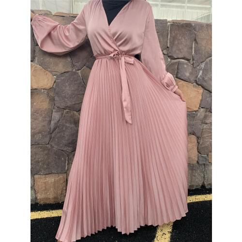 KALENMOS Long Muslim Satin Dress Dubai Solid V Collar Full Sleeve Pleated Patchwork Swing Turkey Euro America Clothing Fall 2021