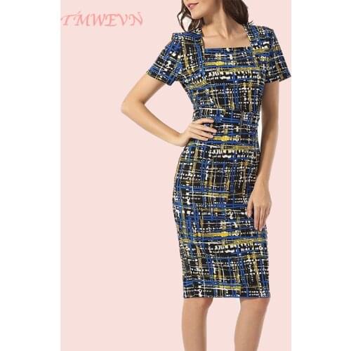 Women Short Sleeve Lady Plaid Print Pencil Dress Party Dresses Elegant Dinner Dress
