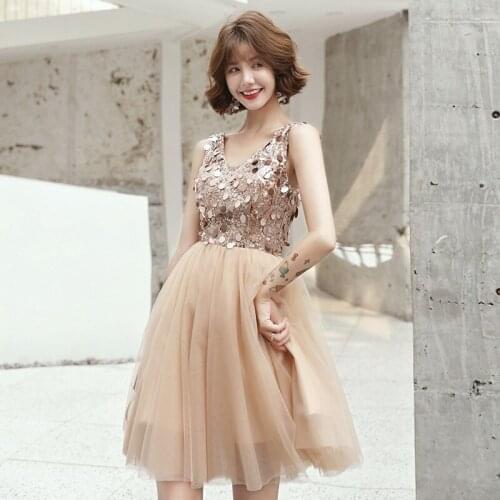 Women Girls Evening Banque dress 2021 mesh sequin sexy deep v-neck sleeveless mini dress elegant birthday party dress champagne