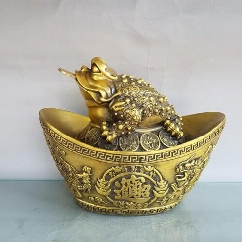 11" Chinese Seikos Bronze Saving money toad ingot statue ornaments Dragon and phoenix pattern Implication Lucky fortune