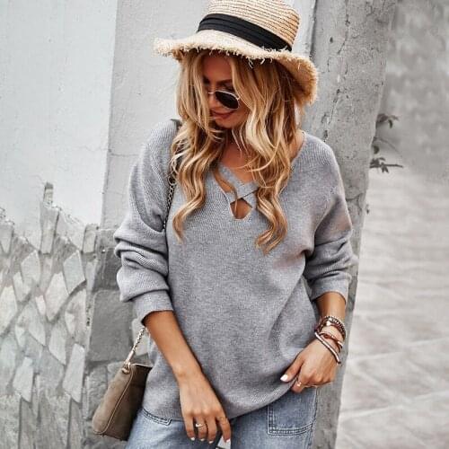 2021 Women Sweater and Pullovers Autumn Winter V Neck Hollow Cross Loose Women Tops Womens Knitwear Sweater Pull Knit Top Femme