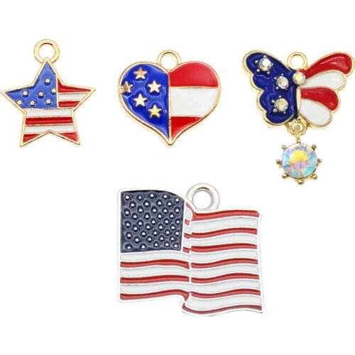 Julie Wang 4PCS Enamel American Flag Charms Star Heart Rectangle Butterfly Shape Alloy Pendant Bracelet Jewelry Making Accessory