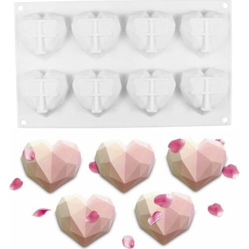 8 Even Diamond Love Mousse Silicone Cake Mold Silicone Chocolate Mold, 8 Cavity 3D Diamond Heart Mold Heart Cake Mold Tray Bake