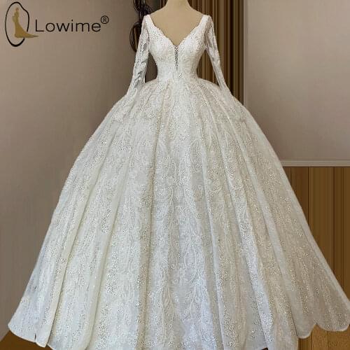 Ball Gown Long Sleeve Luxury Wedding Dresses Dubai Sexy Deep V Neck Applique Beads Bridal Gowns Custom Made abiti da sposa