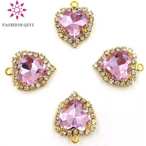 Free shipping 12mm Pink heart shape gold base single loop Crystal button flatback Glass sew on rhinestones diy wedding dress