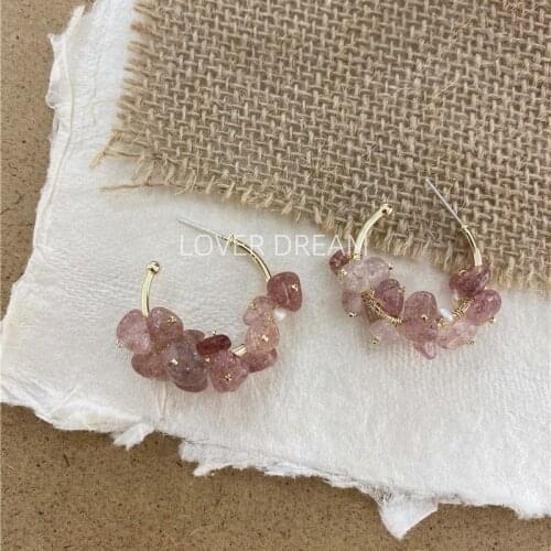 Chowlee Korean Vintage Color C-shaped Stone Earrings Pink Stone Geometric S925 Earrings Fashion Trend Party Jewelry