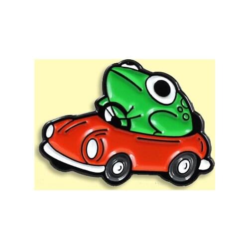 Frog Driver Enamel Pin Small Red Car Brooch Backpack Clothes Lapel Funny Animal Frog Jewelry Gift for Friends Children