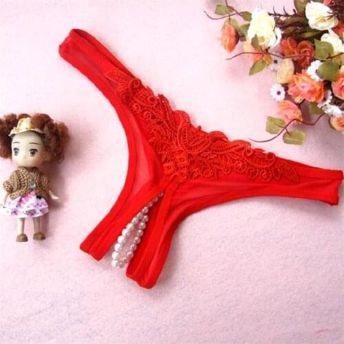Erotic Crotch Open G String Thong Lingerie Women Sexy Crotchless Panties Bowknot Pearls Lace Underwear Home Wear