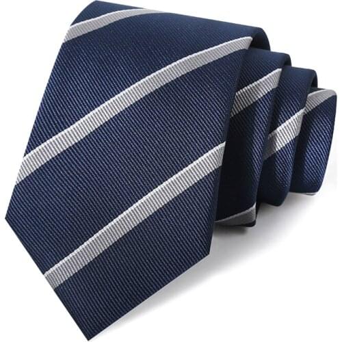2021 Designer Brand 7CM Navy Blue Striped Tie For Men Wedding Business Suit Silk Polyester Luxury Necktie With Gift Box