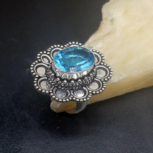 Gemstonefactory Jewelry Big Promotion Single Unique 925 Silver Antique Shiny Blue Topaz Women Men Gifts Rings 7.5# 20212738