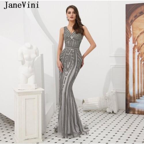 JaneVini Sexy V Neck Gray Long Evening Dresses for Women Luxury Beading Mermaid Tulle Formal Party Gowns Abendkleid Meerjungfrau