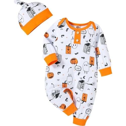 2021 Halloween Newborn Baby Boy Girl Long Sleeve Print Cotton Romper Jumpsuit Hat 2PCS Baby Clothes