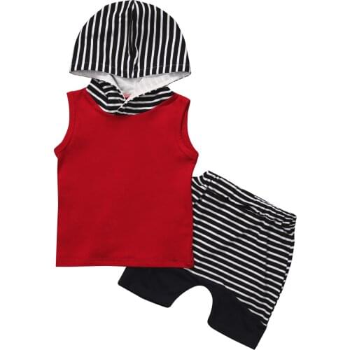 Cool Infant Toddler Baby Boy Hooded Tops Vest+Striped Pants 2pcs Outfits Set