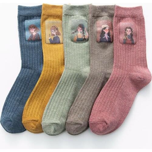 Fashion Harajuku Cotton Comfortable 1 Pair Women Socks Casual Candy Color Printed Long Kawaii Japanese Cute Winter Girl Cartoon