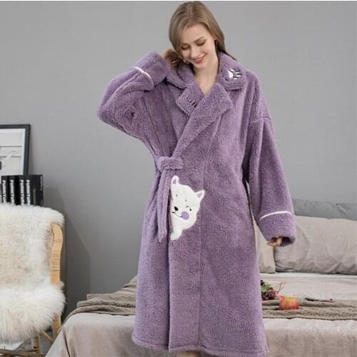 Fashion Thicken Thermal Robe Women Cartoon Print Winter Bathrobes Plus Size Coral Fleece Lapel Female Kimono Peignoir Femme