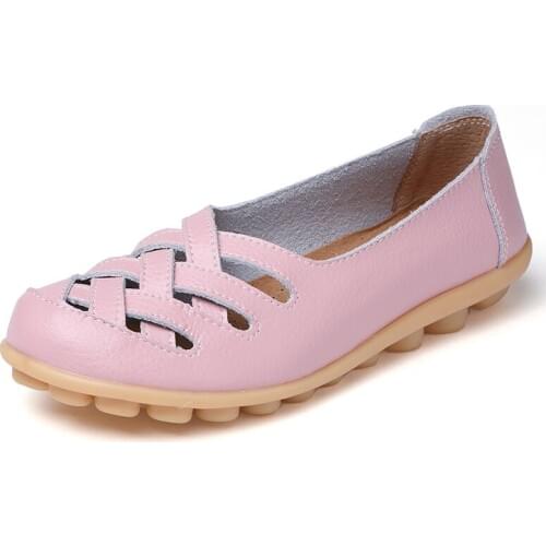 Genuine Leather Shoes Woman Loafers Summer Cut-Outs Hollow Flats Moccasins Breath Mesh Ladies Mother Footwear Flat Shoe