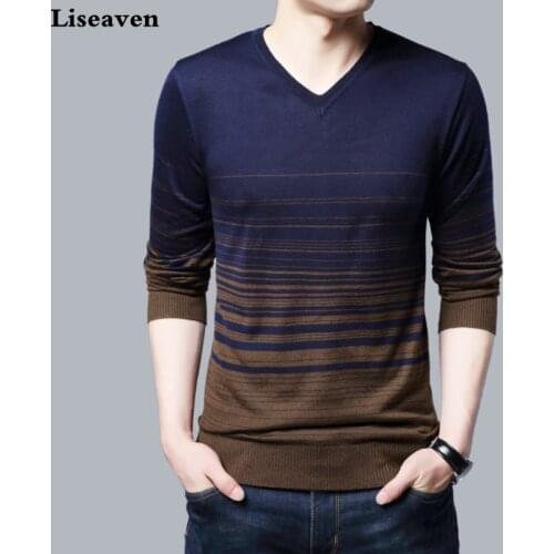 Liseaven Men Pullover Sweater V-Neck Sweaters Mens Striped Pattern Long Sleeve Cotton Tops Male Pullovers