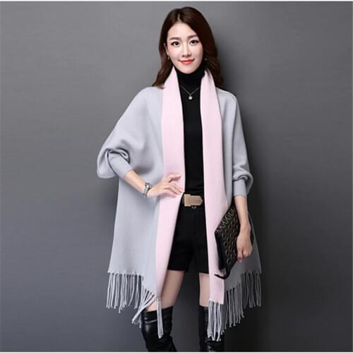 OLGITUM 2020 Womens Elegant Socialite Autumn New Cashmere Tassel Sweater Batwing Sleeves Scarf Cape Outwear Good B939