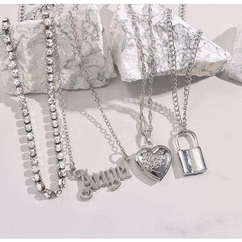 Punk Hip Hop Angel Heart Lock Charm Tennis Chain Necklace for Women Retro Silver Color Multilayer Twisted Chain Necklace Jewelry
